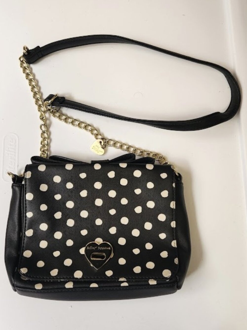Betsey Johnson black / white polka dot purse with gold chain